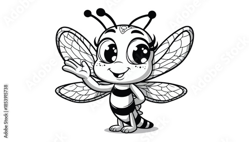 Vector illustration of cartoon bee waving wing greeting black and white drawing For children to learn to color according to the picture.
