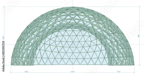 Geodesic dome structural blueprint showing sectional elevation with dimensions, triangulated steel framework, sustainable architectural engineering design illustration