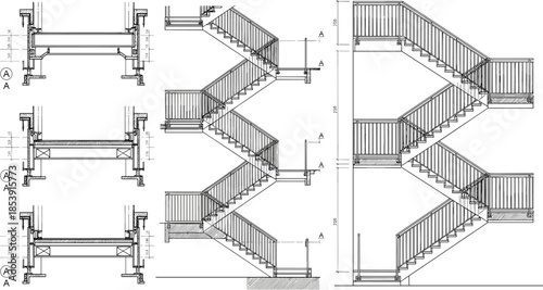 Multi level staircase technical drawing showing sections, elevations, and construction details, architectural stair design blueprint in precise black and white line art