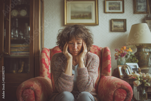 a middle aged woman struggling with headache at home, Generative AI