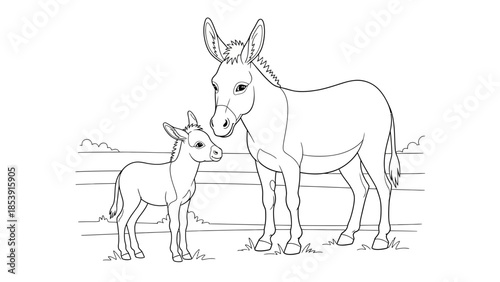 Donkey and Foal Parent Baby Line Art Illustration Simple Outline
