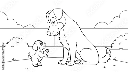 Dog and Puppy Parent Baby Line Art Illustration in Clean Style
