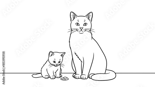 Cat and Kitten Parent Baby Line Art Illustration in Black and White
