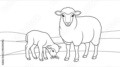 Sheep and Lamb Parent Baby Line Art Illustration Minimal Style
