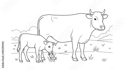 Cow and Calf Parent Baby Line Art Illustration Simple Outline
