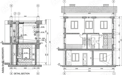 Detailed residential building section drawing showing architectural construction layout, dimensions, structural elements, interior spaces, technical blueprint illustration