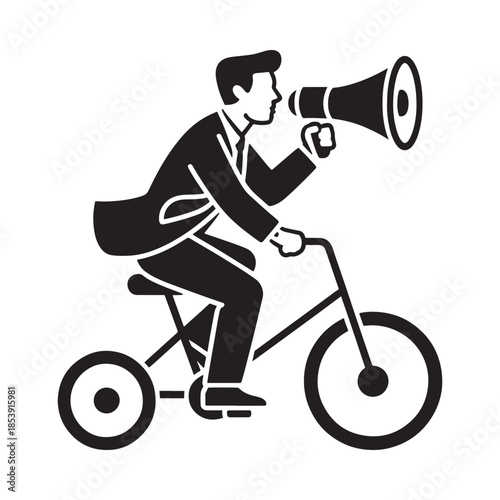 A man on a bicycle announcing something through a megaphone