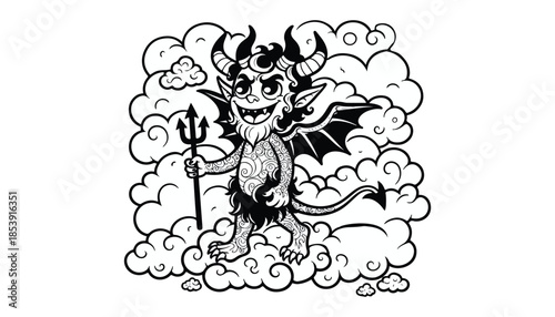 Vector illustration of cartoon devil waving wing greeting black and white drawing For children to learn to color according to the picture.
