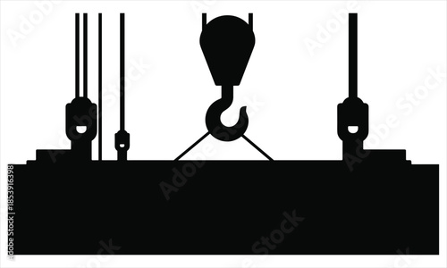 Silhouette of a Crane Hook Lifting a Rectangular Object with Multiple Cables on White Background load