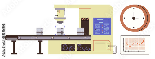 Robotic arm sorts boxes on conveyor belt. Clock and analytics graph monitor performance. Ideal for automation, manufacturing, technology, efficiency, productivity, industry time management. Simple