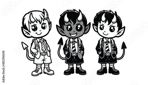 Vector illustration of cartoon devil black and white drawing For children to learn to color according to the picture.