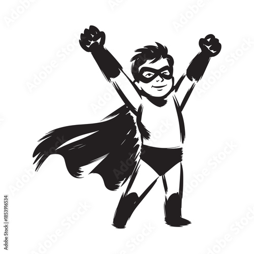 A young boy dressed as a superhero with arms raised in triumph