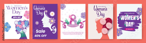 Set of Women’s Day A4 flyer poster pack and 8 March brochure cover template bundle with floral vector illustration backgrounds, female face silhouette design, feminine feminism promotional graphics