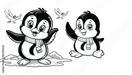 Vector illustration of cartoon penguin black and white drawing For children to learn to color according to the picture.