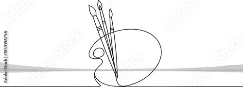 A beautiful continuous line drawing featuring an artists palette and three brushes against a soft shaded horizon