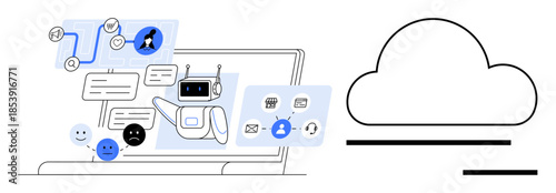 Artificial intelligence, cloud computing, digital communication, customer service, online interaction, data sharing. Chatbot on screen with icons and cloud graphic. AI and cloud computing