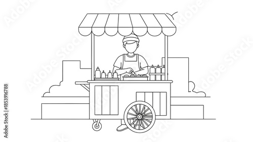 Line Art Street Vendor Illustration for Small Business Trading Concept