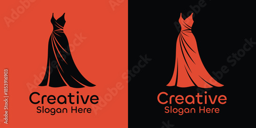 Elegant fashion dress logo design. Luxury boutique apparel brand mark silhouette. Modern minimalist womens clothing emblem. Vector illustration