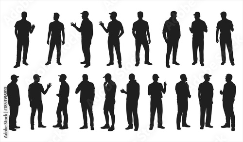 Silhouettes of men standing in various casual poses on white background vector illustration
