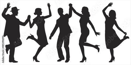 Silhouettes of Five People Dancing and Celebrating in Various Poses celebration party