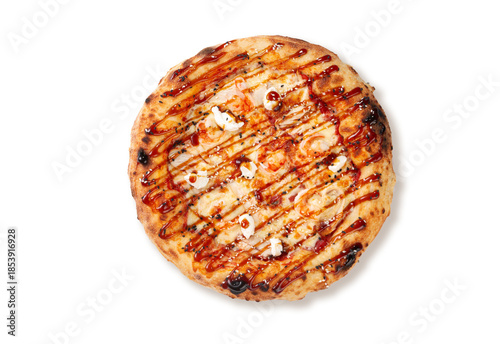 Top view pizza with shrimp cream cheese teriyaki sauce sesame and baked crust