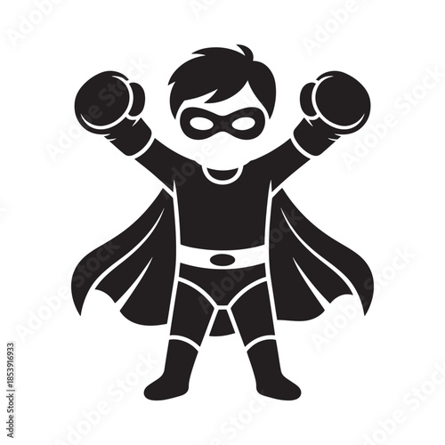 A black silhouette of a superhero child with a cape and boxing gloves