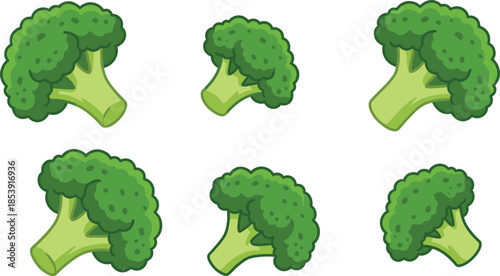 Broccoli illustration set, fresh green vegetable icons collection, healthy food nutrition concept isolated on white background, cartoon vector design, elements