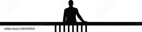 Minimal silhouette of man standing behind railing, black and white composition symbolizing solitude and reflection, Vector Illustration