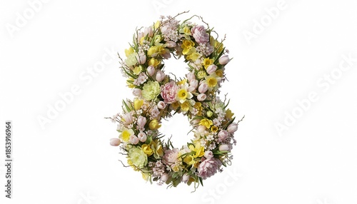 Floral arrangement in shape of number eight with pastel colors  