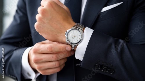 Professional Change Promotion concept. Man adjusting a luxury watch on his wrist while wearing a suit.