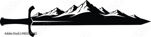 Majestic mountain range and powerful sword graphic silhouette. Adventure, fantasy, and exploration concept art. Vector illustration