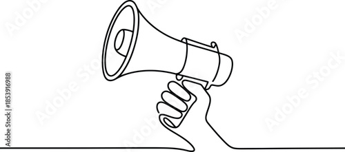 A continuous single line drawing shows a human hand holding a megaphone on a white surface