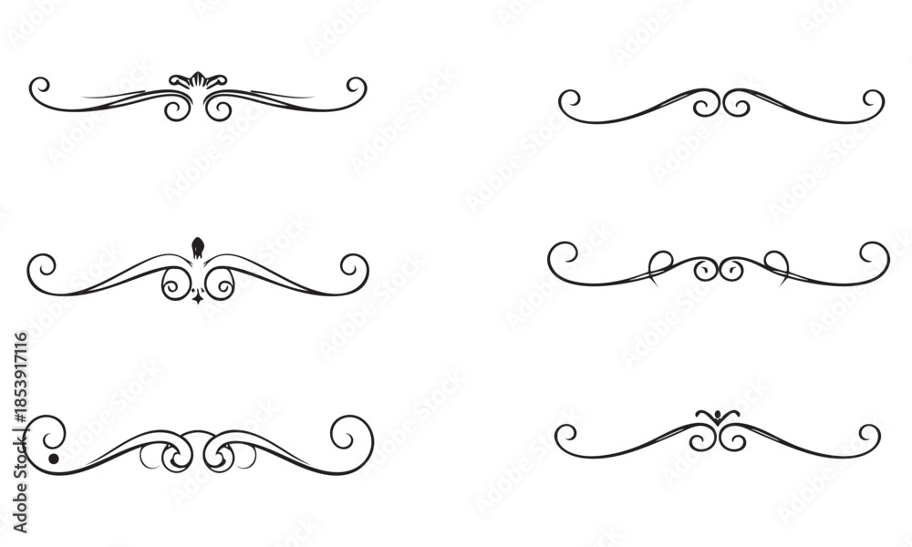 Fototapeta premium Collection of six black decorative ornamental dividers and borders vector illutrastion transparent background