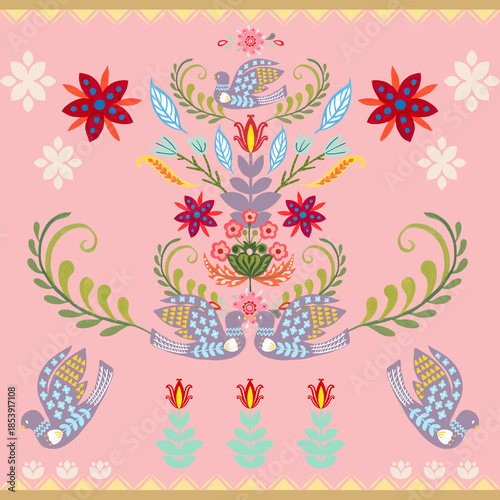 The beautiful of flower with animal folklore ornament arrangement blooming foliage leaves watercolor