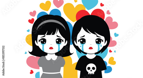 Two sad emo girls with black hair and tears on their faces standing in front of a background filled with colorful hearts.