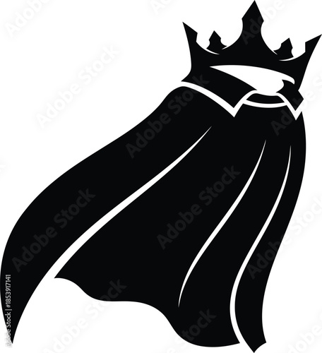Majestic royal crown and flowing cape graphic silhouette. Elegant king or queen monarch symbol for power and fantasy. Vector illustration