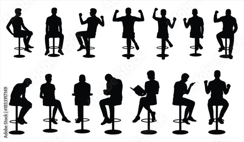 Silhouettes of people sitting on bar stools in diverse poses on white background woman