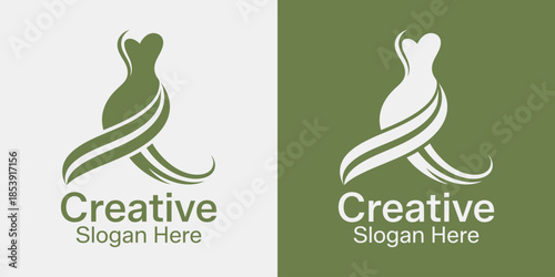 Elegant modern fashion dress logo design for boutique clothing brand. Creative luxury apparel tailor shop emblem. Feminine beauty concept. Vector illustration