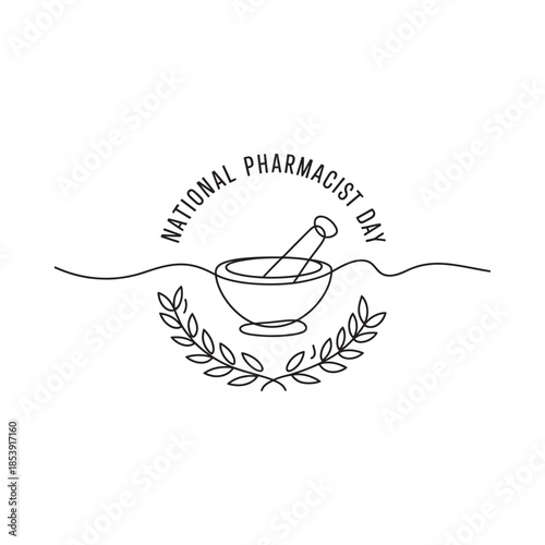 National pharmacist day illustration with mortar and pestle and laurel wreath