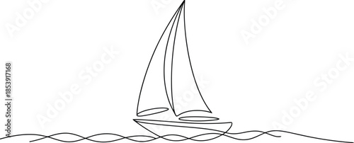 A elegant continuous line drawing depicts a classic sailboat with a mast and sails on wavy water
