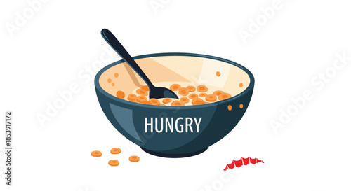 Half empty bowl of cereal rings with a spoon and crumbs around it including the word hungry written on the side of the bowl.