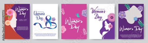 Women’s Day A4 flyer and poster template pack featuring 8 March brochure covers bundle, soft floral vector illustration backgrounds set and abstract female face silhouette design collections