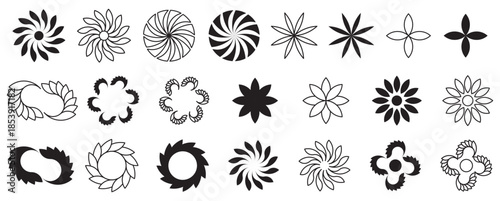 Abstract Floral & Leaf Circle Icons Set – Black and White Swirl, Wreath & Petal Shapes