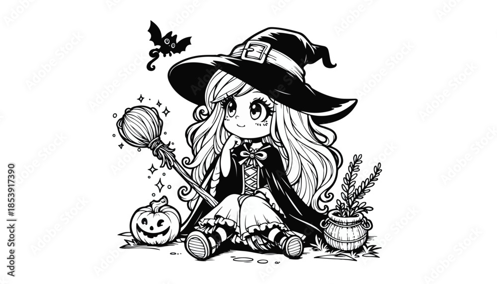 Fototapeta premium Vector illustration of cartoon halloween witch black and white drawing For children to learn to color according to the picture.