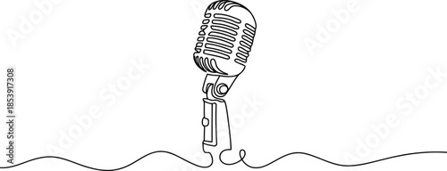 A minimalist continuous line drawing beautifully illustrates a classic vintage studio microphone for audio recording