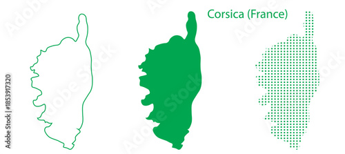 Corsica Map Vector Set, France Island Region Outline Silhouette Dotted Green Shapes, Corsica Country Infographic Template, Editable EPS Corsica Geography