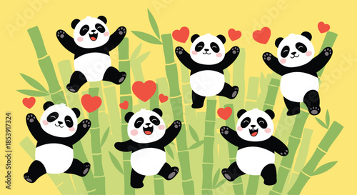 Group of happy giant pandas dancing and playing among green bamboo stalks with floating red hearts in a bright yellow landscape.