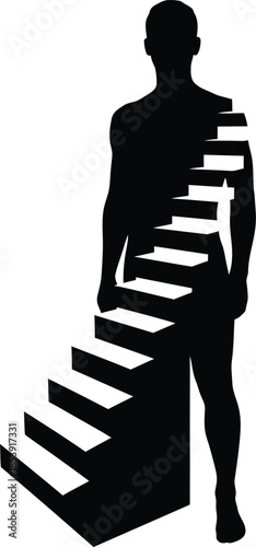 Human silhouette with internal staircase representing personal growth, mental health, and self improvement journey. Vector illustration
