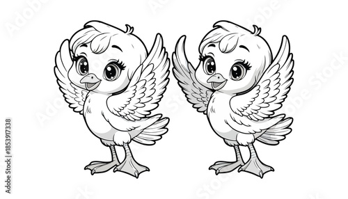 Vector illustration of cartoon Long-tailed tit bird waving wing greeting black and white drawing For children to learn to color according to the picture.