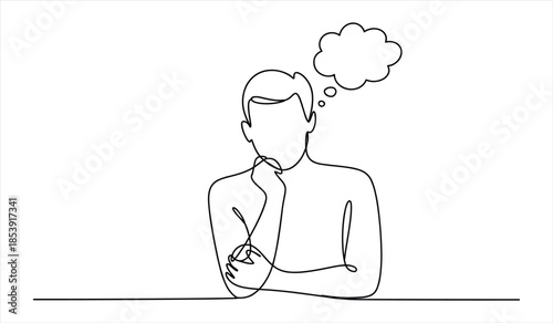 Single line drawing of a man in deep thought with a thought bubble above his head